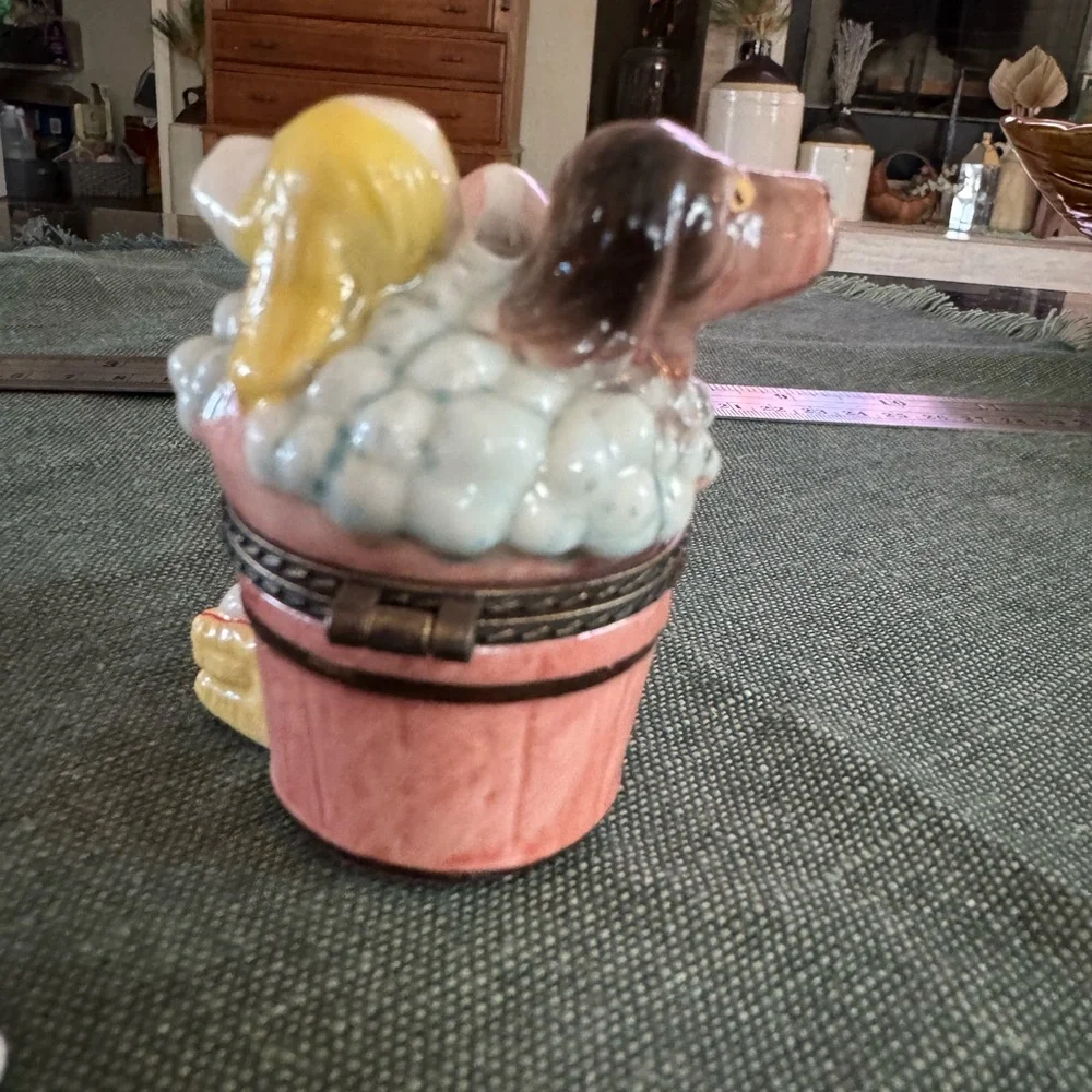 Ceramic Dog Figurine in Bath Trinket Box